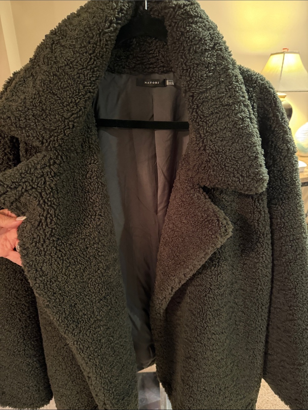 Natori Dark Olive Teddy Coat with Wide Collar